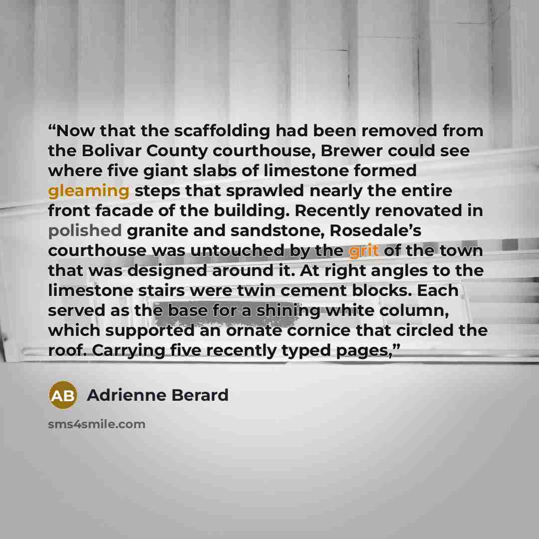 “Now that the scaffolding had been removed from the Bolivar County courthouse, Brewer could see where five giant slabs of limestone formed gleaming steps that sprawled nearly the entire front facade of the building. Recently renovated in polished granite and sandstone, Rosedale’s courthouse was…” quote by Adrienne Berard