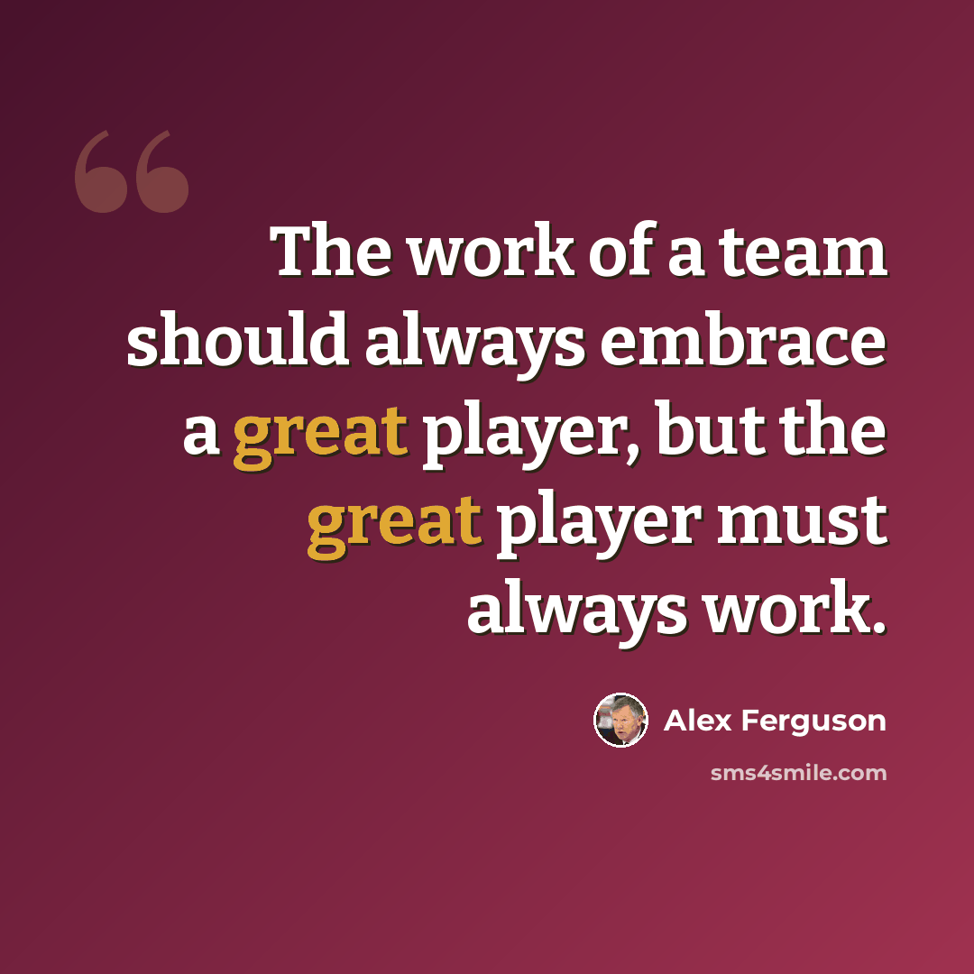 “The work of a team should always embrace a great player, but the great player must always work.” quote by Alex Ferguson