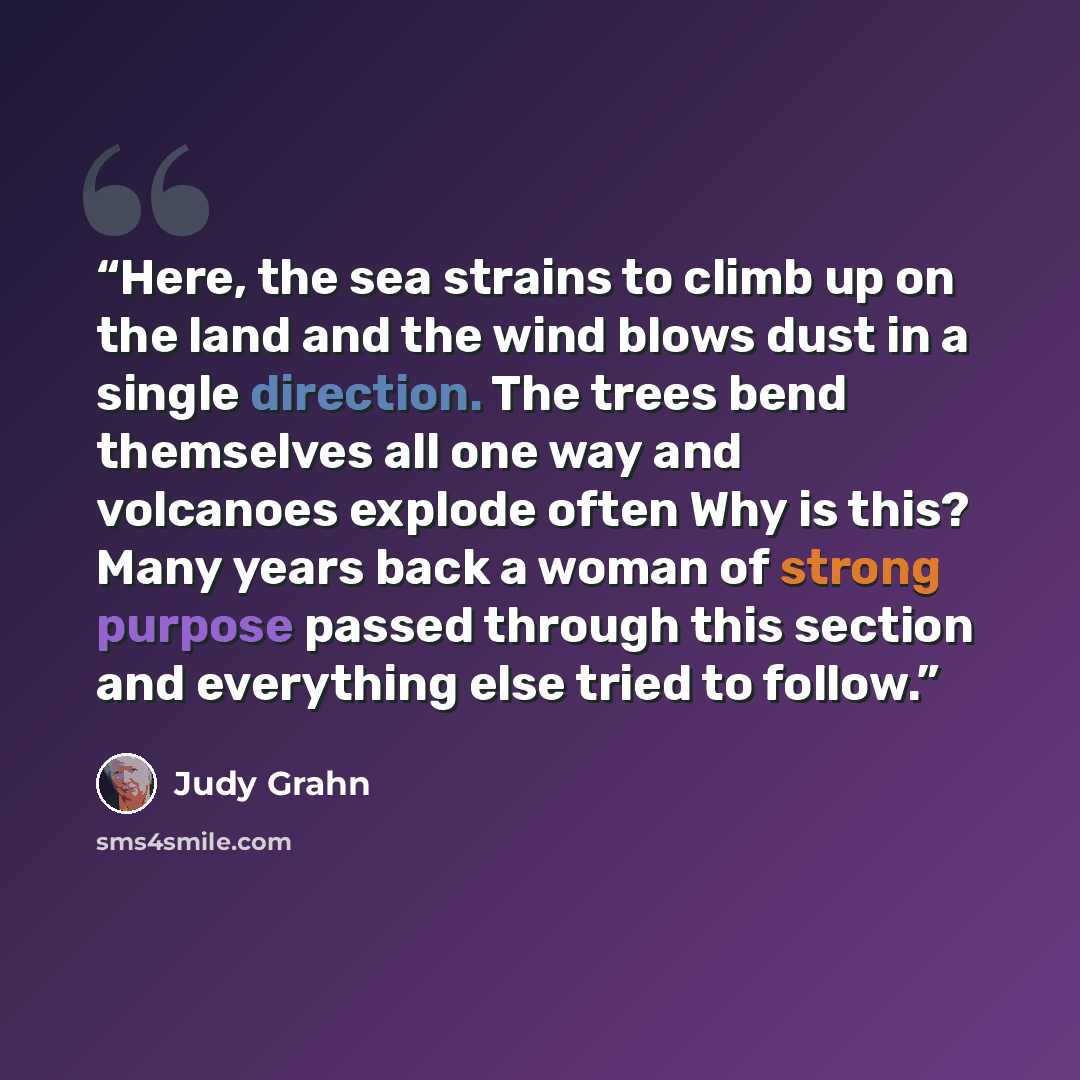 “Here, the sea strains to climb up on the land and the wind blows dust in a single direction. The trees bend themselves all one way and volcanoes explode often Why is this? Many years back a woman of strong purpose passed through this section and everything else tried to follow.” quote by Judy Grahn