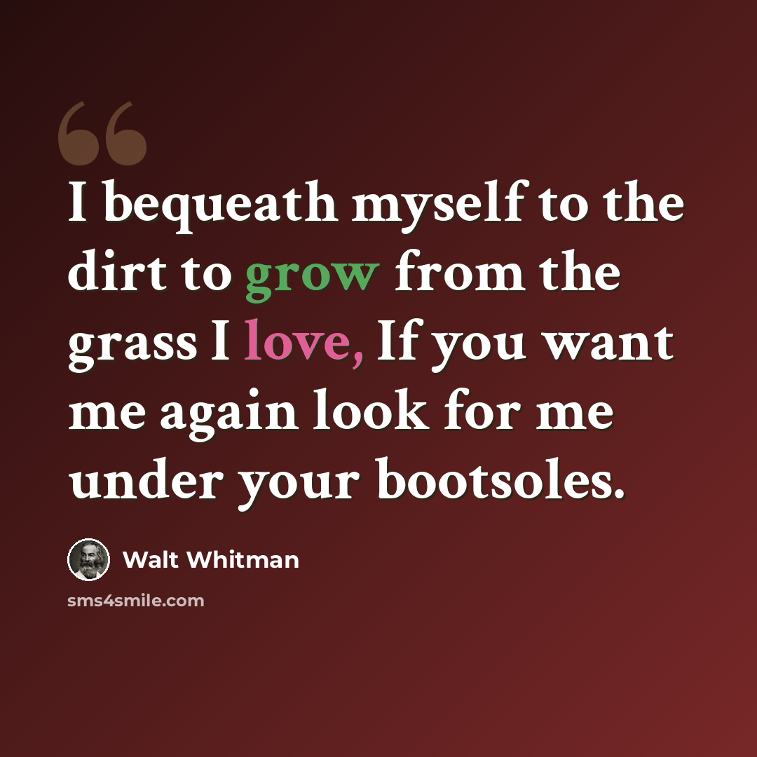 “I bequeath myself to the dirt to grow from the grass I love, If you want me again look for me under your bootsoles.” quote by Walt Whitman