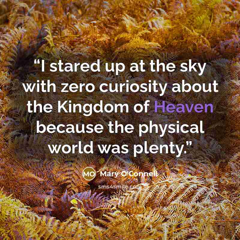 “I stared up at the sky with zero curiosity about the Kingdom of Heaven because the physical world was plenty.” quote by Mary O'Connell