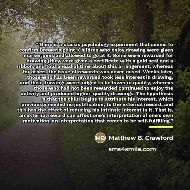 “There is a classic psychology experiment that seems to confirm Brewer's point. Children who enjoy drawing were given marker pens and allowed to go at it. Some were rewarded for drawing (they were given a certificate with a gold seal and a ribbon, and told ahead of time about this arrangement…” quote by Matthew B. Crawford