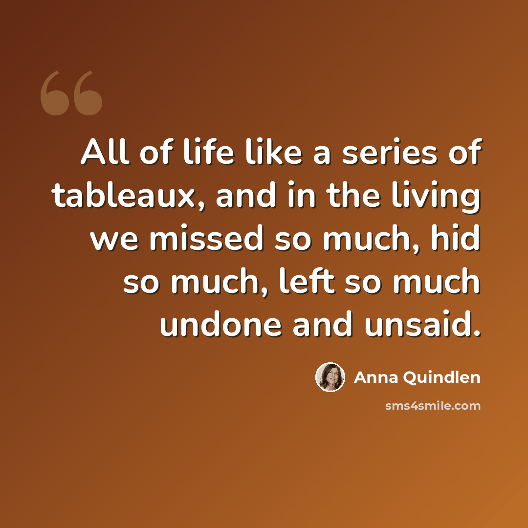 “All of life like a series of tableaux, and in the living we missed so much, hid so much, left so much undone and unsaid.” quote by Anna Quindlen