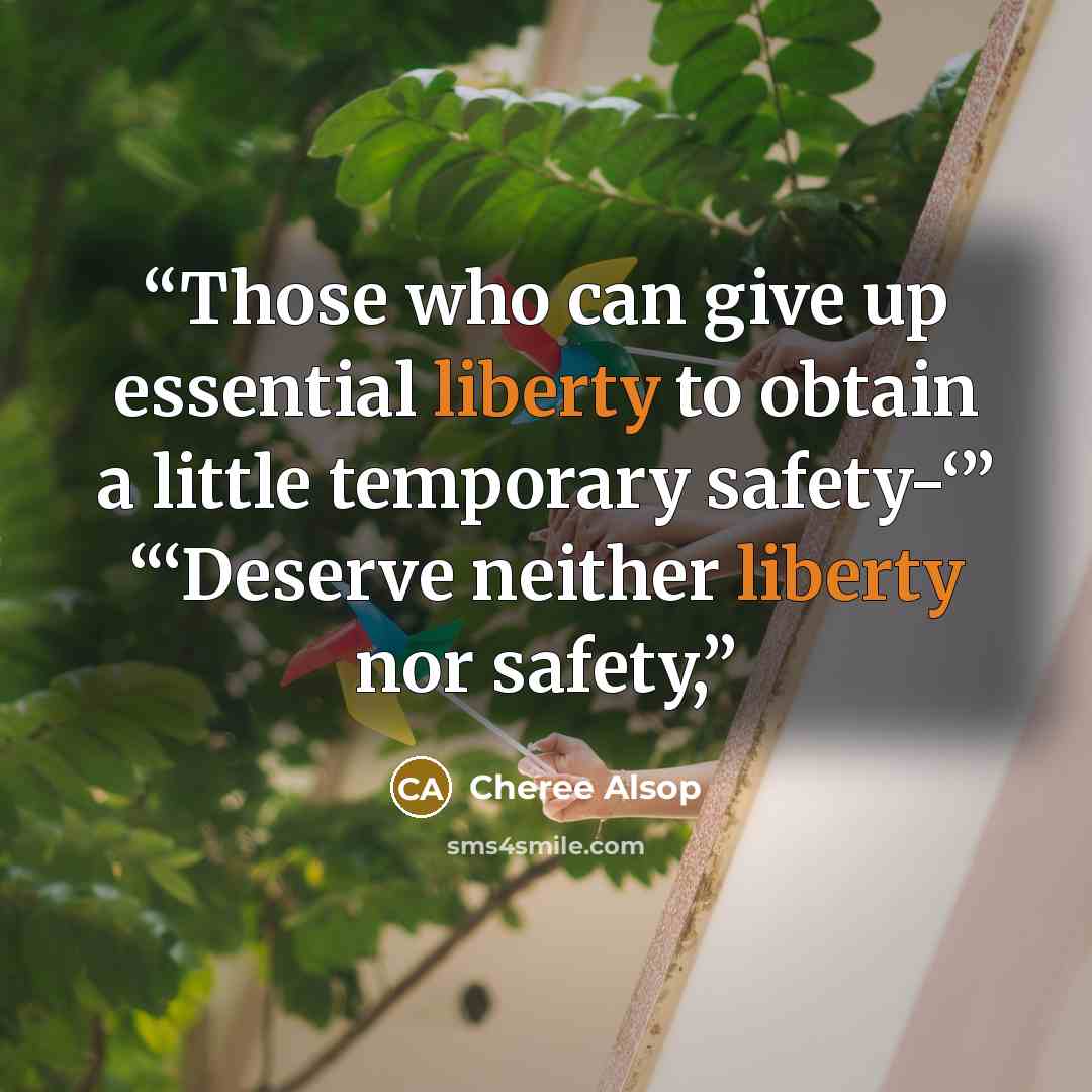 “Those who can give up essential liberty to obtain a little temporary safety-‘” “‘Deserve neither liberty nor safety,” quote by Cheree Alsop