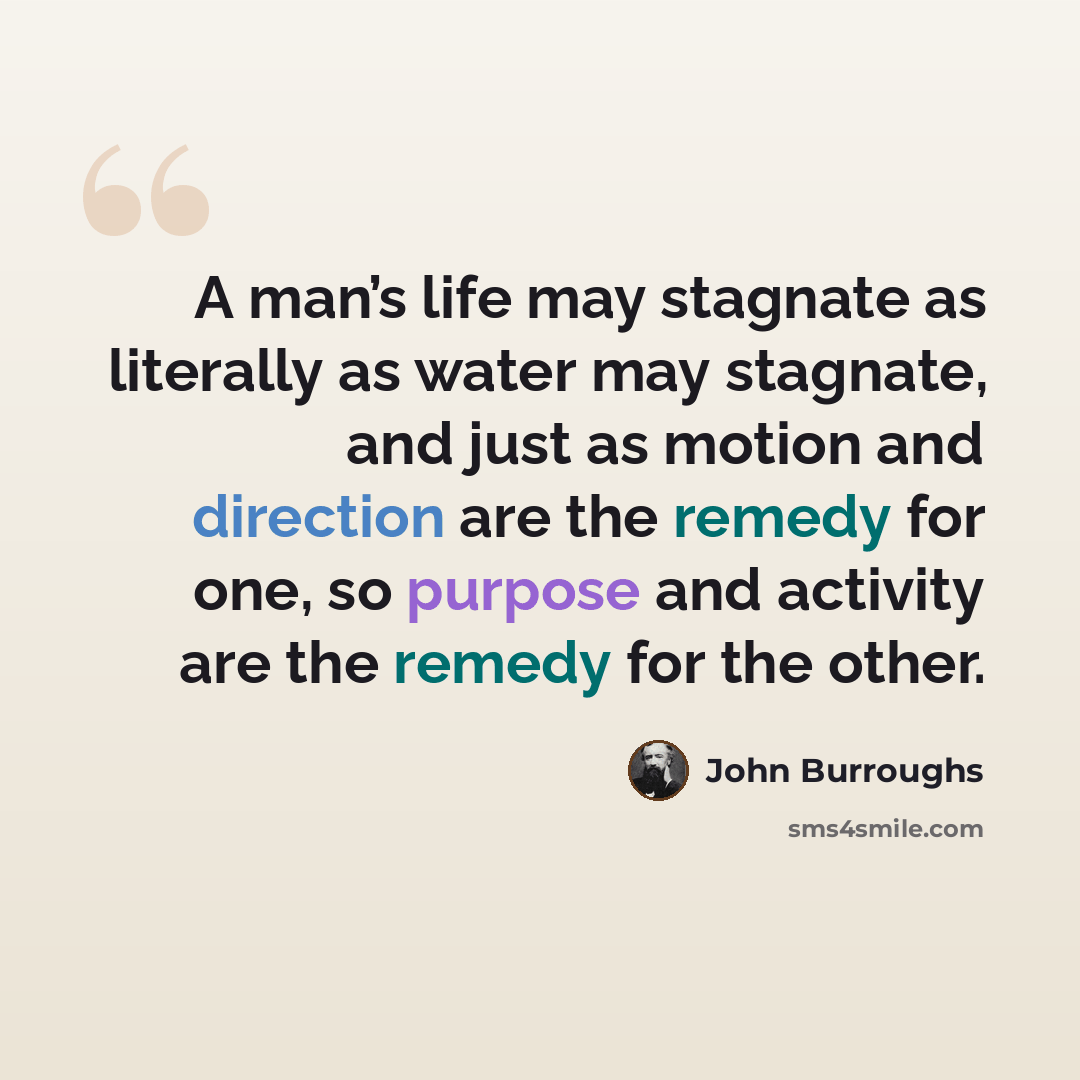 “A man’s life may stagnate as literally as water may stagnate, and just as motion and direction are the remedy for one, so purpose and activity are the remedy for the other.” quote by John Burroughs