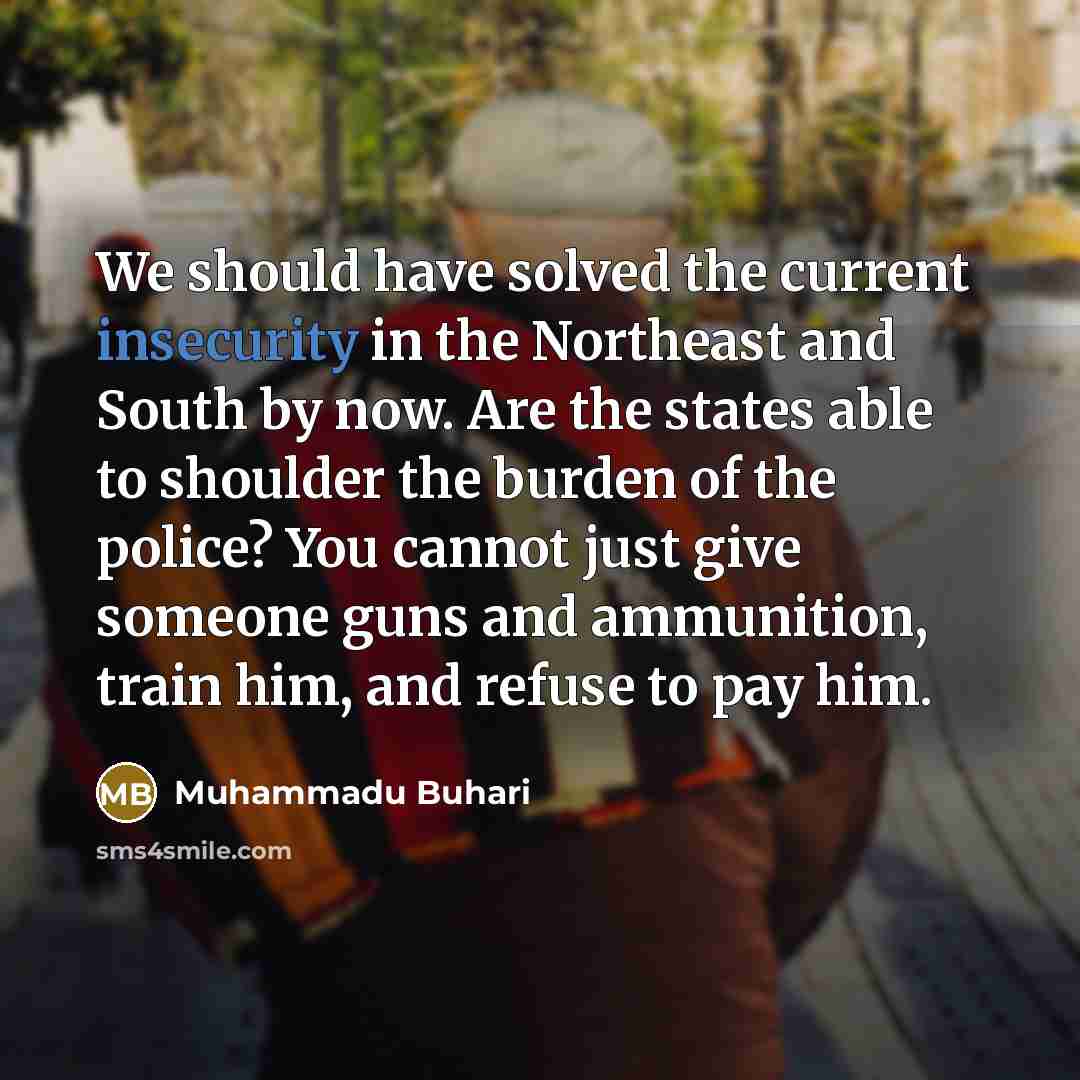 “We should have solved the current insecurity in the Northeast and South by now. Are the states able to shoulder the burden of the police? You cannot just give someone guns and ammunition, train him, and refuse to pay him.” quote by Muhammadu Buhari