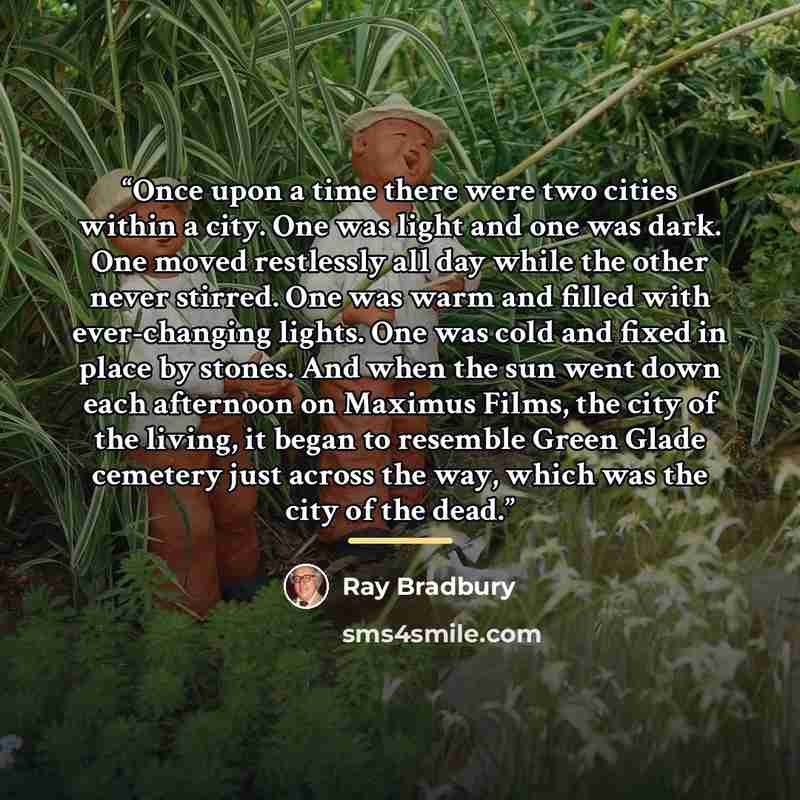 “Once upon a time there were two cities within a city. One was light and one was dark. One moved restlessly all day while the other never stirred. One was warm and filled with ever-changing lights. One was cold and fixed in place by stones. And when the sun went down each afternoon on Maximus…” quote by Ray Bradbury