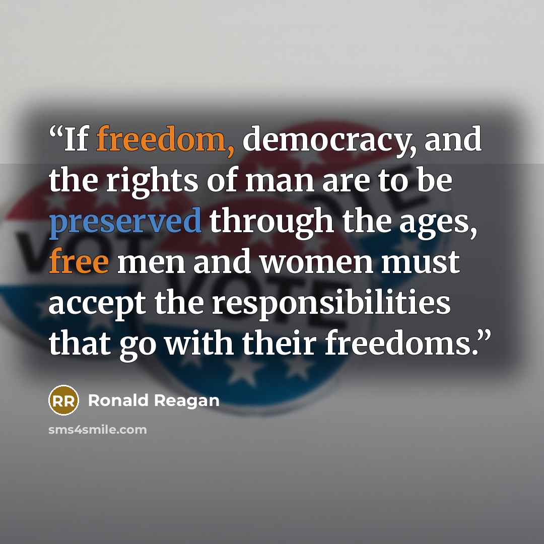 “If freedom, democracy, and the rights of man are to be preserved through the ages, free men and women must accept the responsibilities that go with their freedoms.” quote by Ronald Reagan
