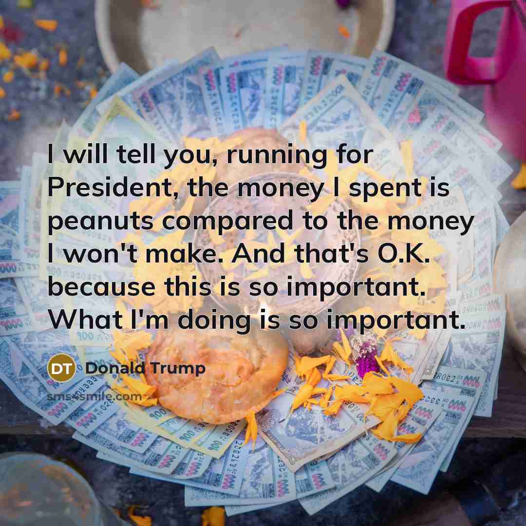 “I will tell you, running for President, the money I spent is peanuts compared to the money I won't make. And that's O.K. because this is so important. What I'm doing is so important.” quote by Donald Trump