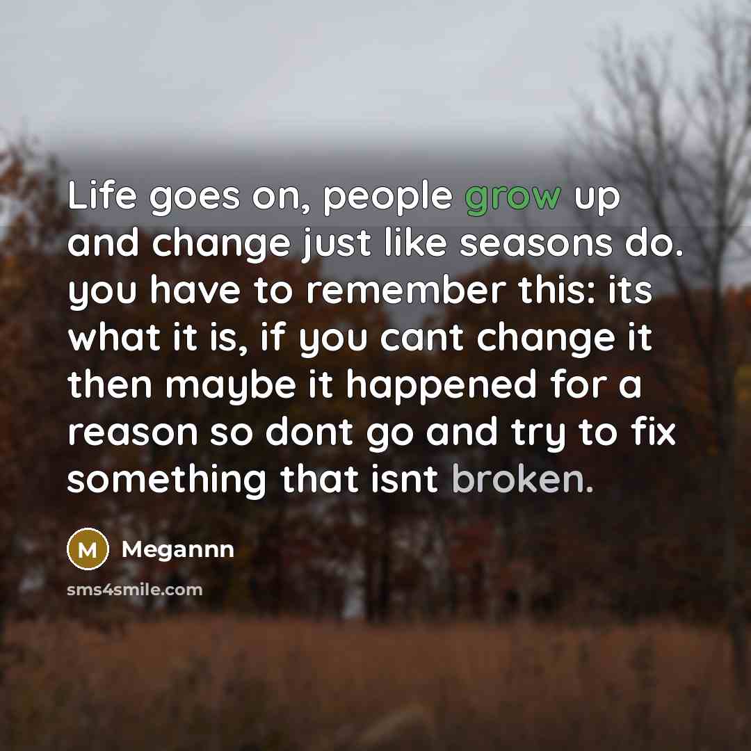 “Life goes on, people grow up and change just like seasons do. you have to remember this: its what it is, if you cant change it then maybe it happened for a reason so dont go and try to fix something that isnt broken.” quote by Megannn