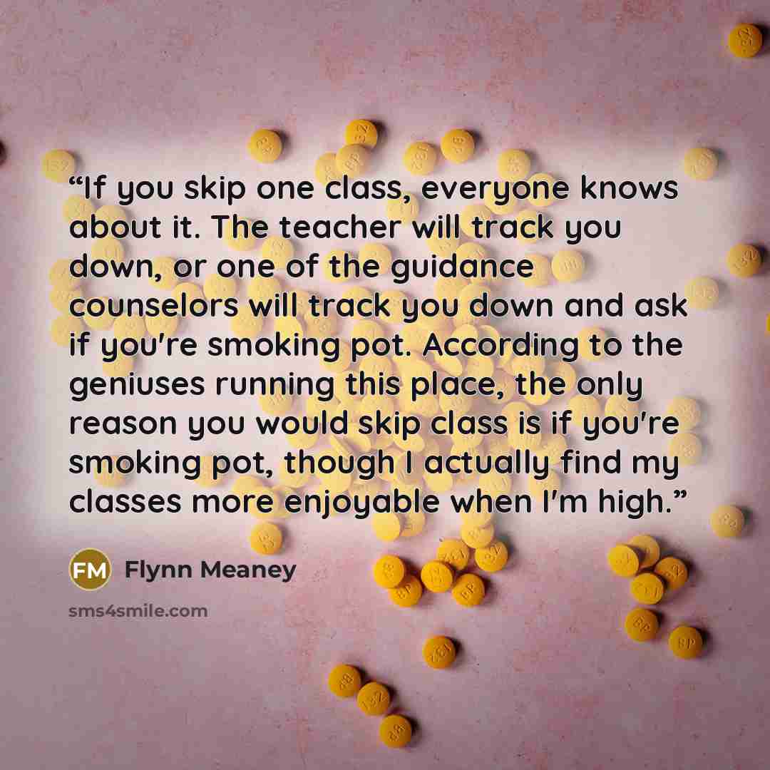 “If you skip one class, everyone knows about it. The teacher will track you down, or one of the guidance counselors will track you down and ask if you're smoking pot. According to the geniuses running this place, the only reason you would skip class is if you're smoking pot, though I actually find…” quote by Flynn Meaney