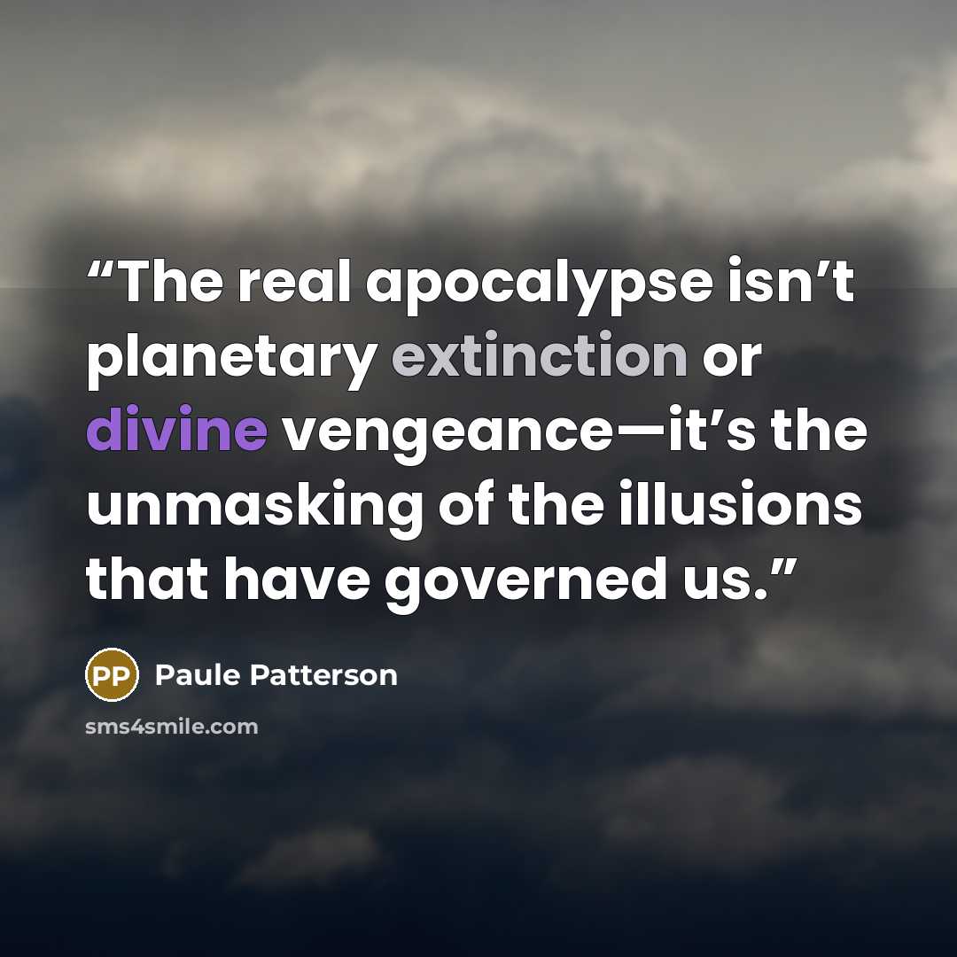 “The real apocalypse isn’t planetary extinction or divine vengeance—it’s the unmasking of the illusions that have governed us.” quote by Paule Patterson