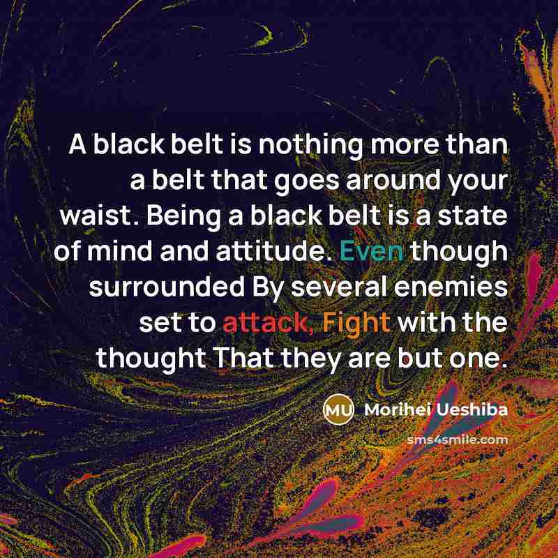 “A black belt is nothing more than a belt that goes around your waist. Being a black belt is a state of mind and attitude. Even though surrounded By several enemies set to attack, Fight with the thought That they are but one.” quote by Morihei Ueshiba