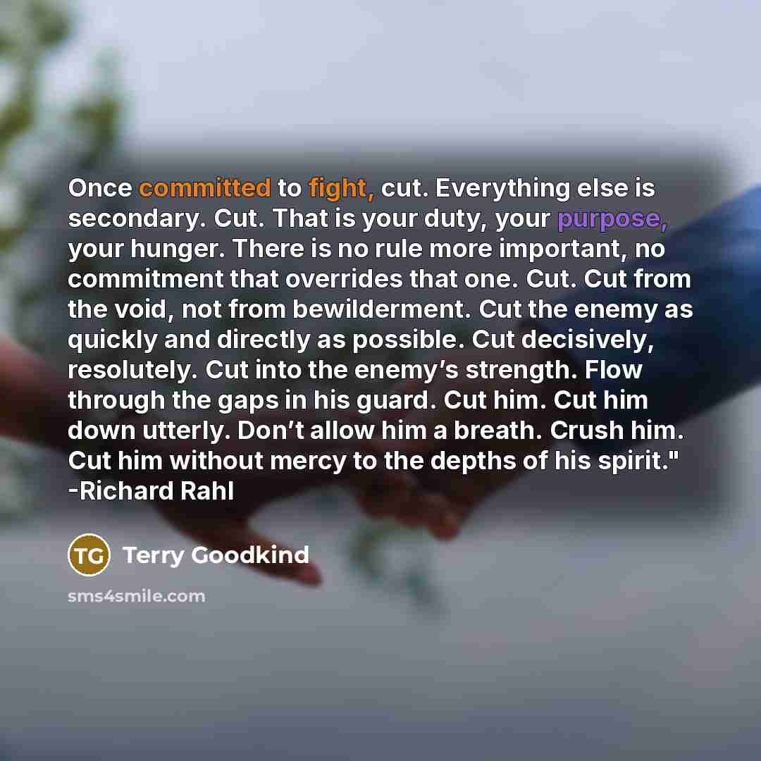 “Once committed to fight, cut. Everything else is secondary. Cut. That is your duty, your purpose, your hunger. There is no rule more important, no commitment that overrides that one. Cut. Cut from the void, not from bewilderment. Cut the enemy as quickly and directly as possible. Cut decisively…” quote by Terry Goodkind