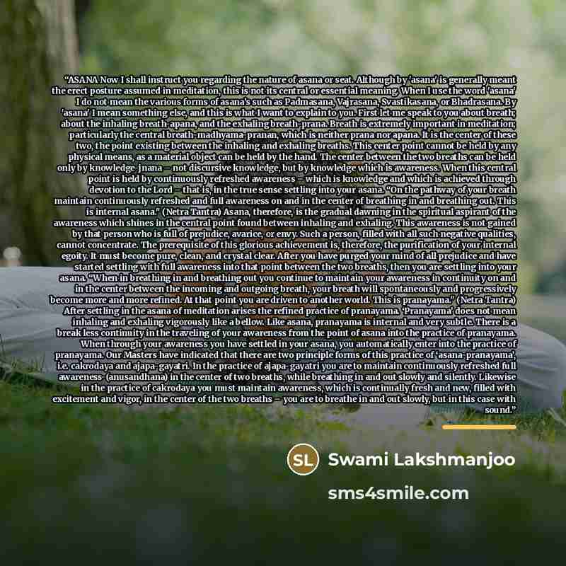 “ASANA Now I shall instruct you regarding the nature of asana or seat. Although by 'asana' is generally meant the erect posture assumed in meditation, this is not its central or essential meaning. When I use the word 'asana' I do not mean the various forms of asana’s such as Padmasana, Vajrasana…” quote by Swami Lakshmanjoo