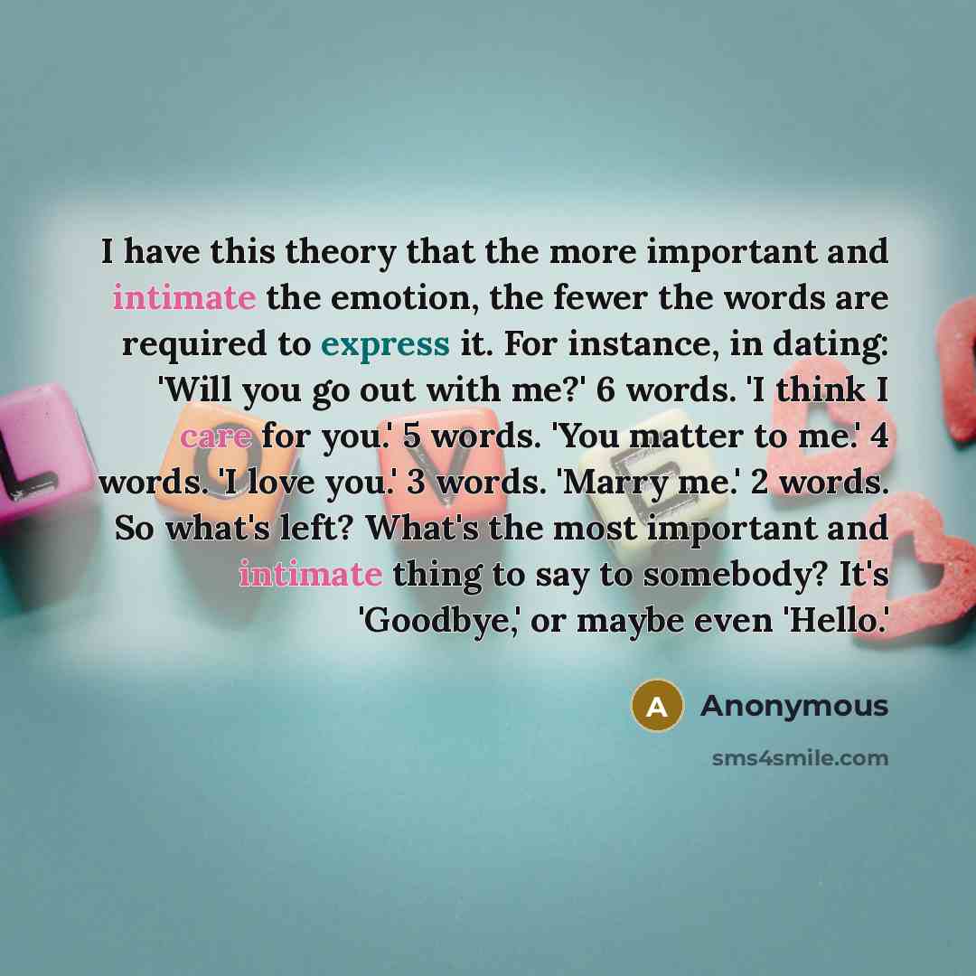 “I have this theory that the more important and intimate the emotion, the fewer the words are required to express it. For instance, in dating: 'Will you go out with me?' 6 words. 'I think I care for you.' 5 words. 'You matter to me.' 4 words. 'I love you.' 3 words. 'Marry me.' 2 words. So what's…” quote by Anonymous