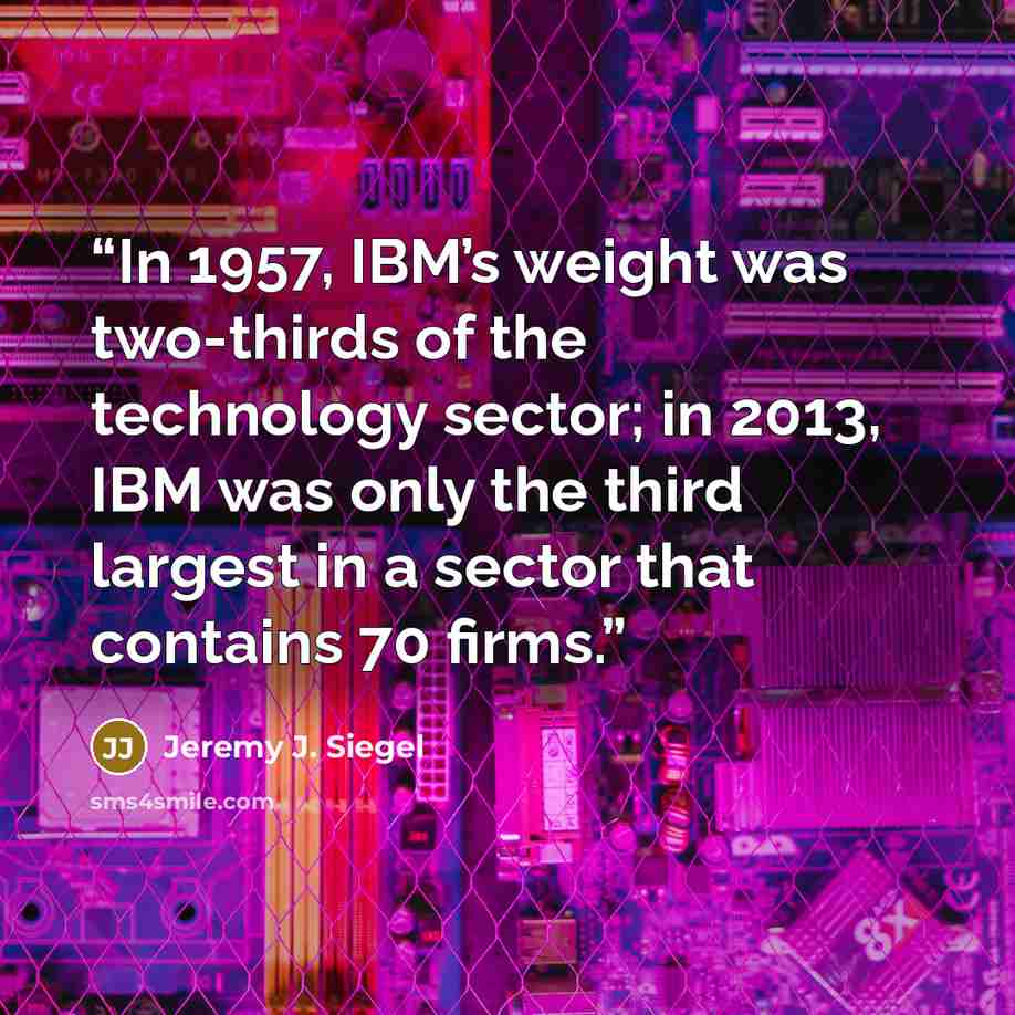“In 1957, IBM’s weight was two-thirds of the technology sector; in 2013, IBM was only the third largest in a sector that contains 70 firms.” quote by Jeremy J. Siegel