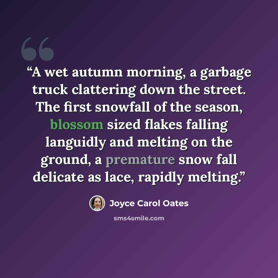 “A wet autumn morning, a garbage truck clattering down the street. The first snowfall of the season, blossom sized flakes falling languidly and melting on the ground, a premature snow fall delicate as lace, rapidly melting.” quote by Joyce carol Oates