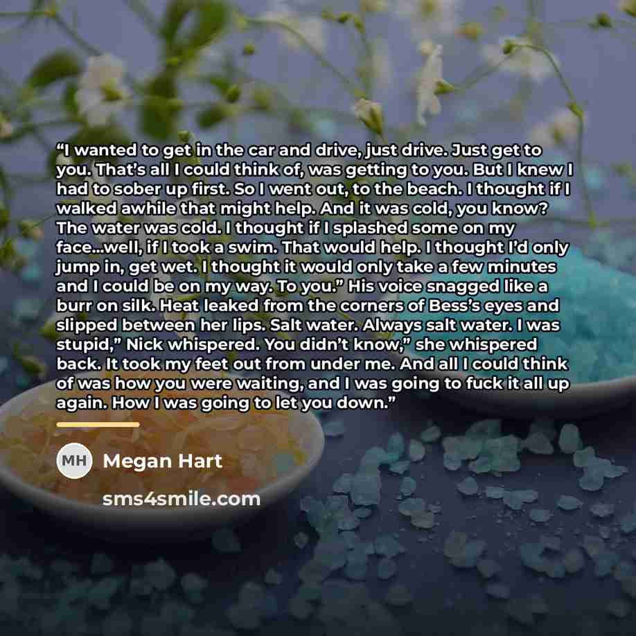 “I wanted to get in the car and drive, just drive. Just get to you. That’s all I could think of, was getting to you. But I knew I had to sober up first. So I went out, to the beach. I thought if I walked awhile that might help. And it was cold, you know? The water was cold. I thought if I splashed…” quote by Megan Hart