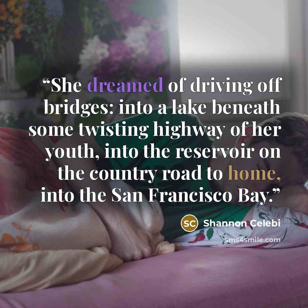 “She dreamed of driving off bridges: into a lake beneath some twisting highway of her youth, into the reservoir on the country road to home, into the San Francisco Bay.” quote by Shannon Celebi