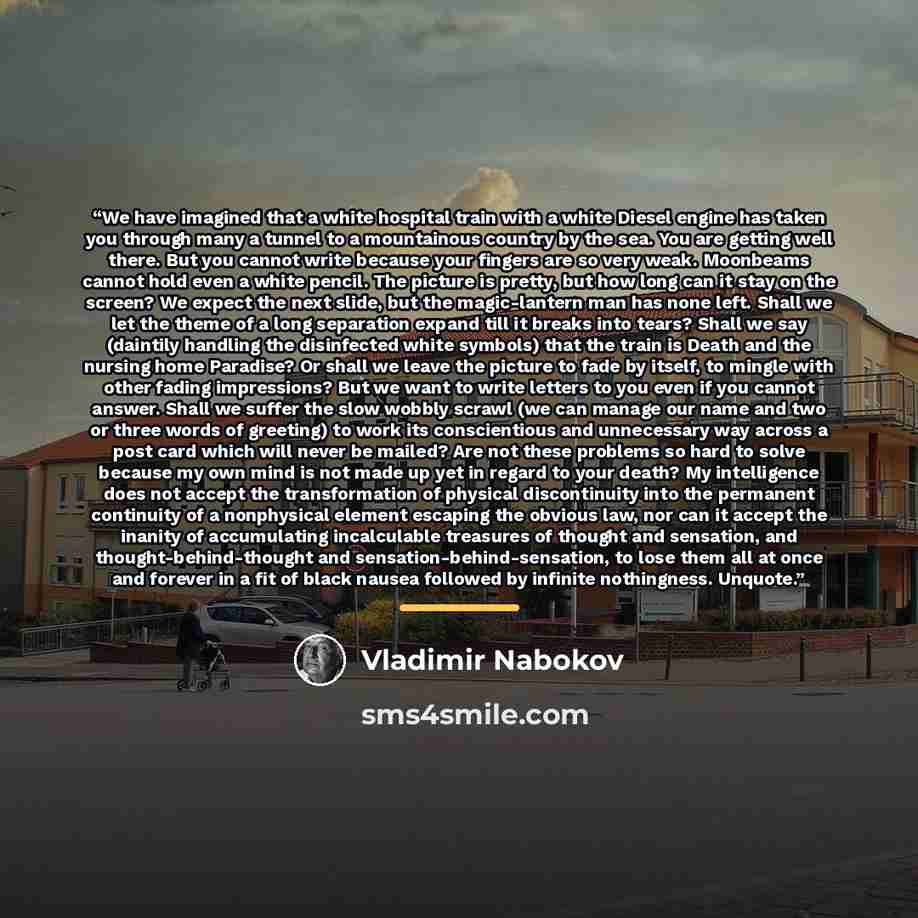 “We have imagined that a white hospital train with a white Diesel engine has taken you through many a tunnel to a mountainous country by the sea. You are getting well there. But you cannot write because your fingers are so very weak. Moonbeams cannot hold even a white pencil. The picture is pretty…” quote by Vladimir Nabokov