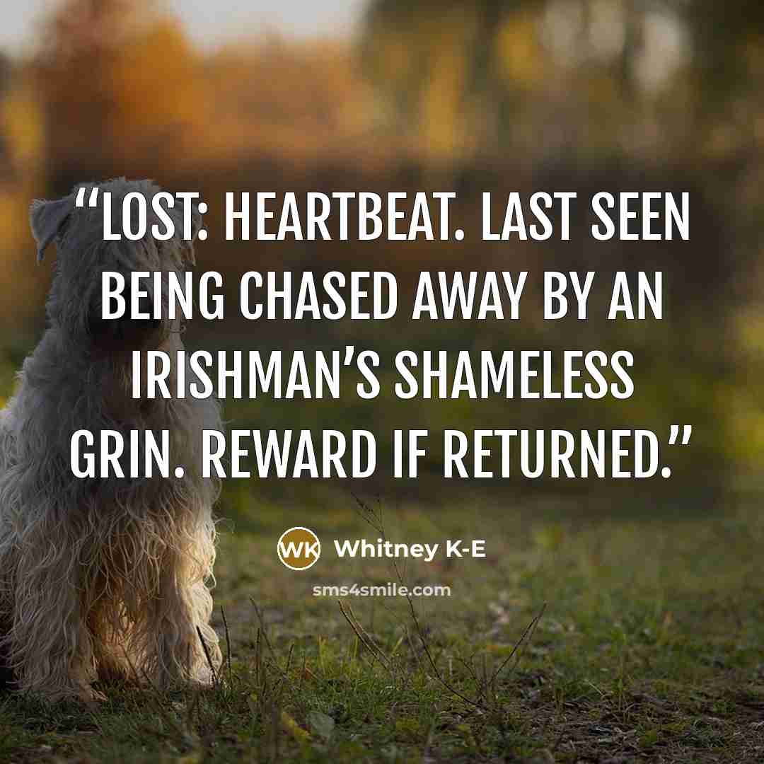 “Lost: Heartbeat. Last seen being chased away by an Irishman’s shameless grin. Reward if returned.” quote by Whitney K-E