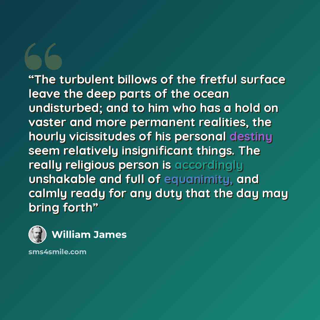 “The turbulent billows of the fretful surface leave the deep parts of the ocean undisturbed; and to him who has a hold on vaster and more permanent realities, the hourly vicissitudes of his personal destiny seem relatively insignificant things. The really religious person is accordingly unshakable…” quote by William James