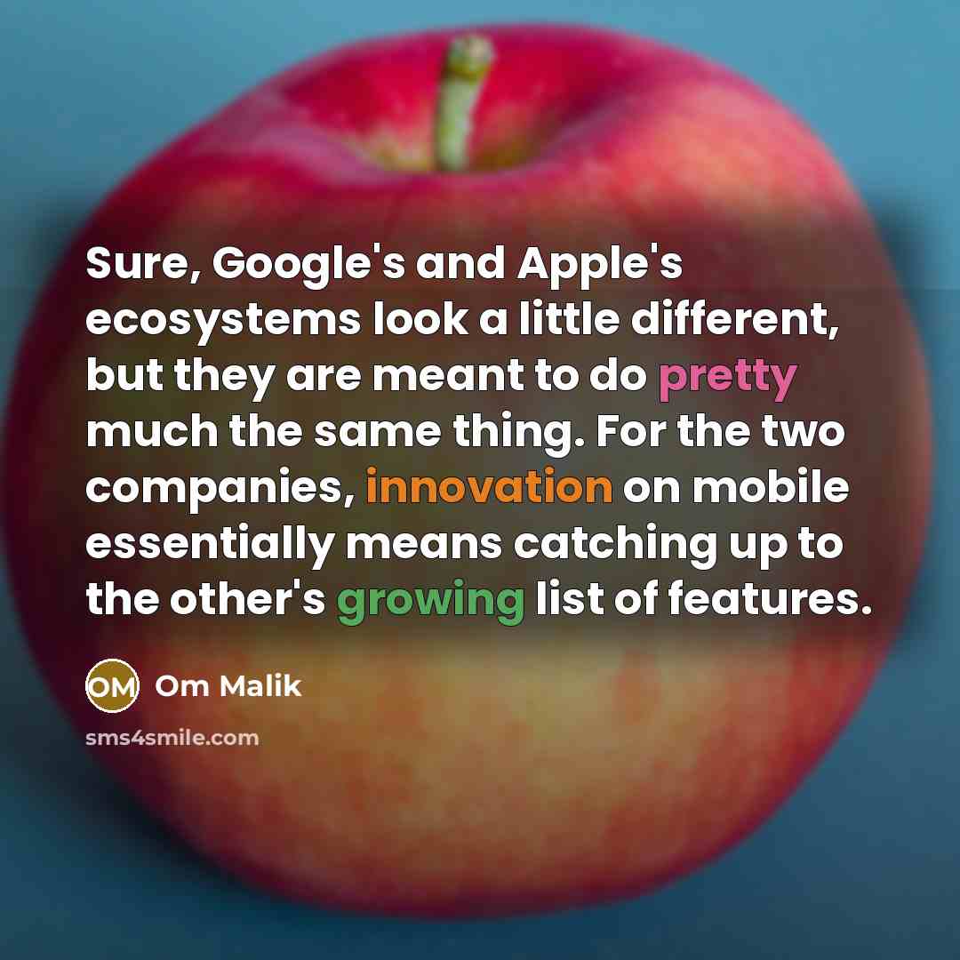 “Sure, Google's and Apple's ecosystems look a little different, but they are meant to do pretty much the same thing. For the two companies, innovation on mobile essentially means catching up to the other's growing list of features.” quote by Om Malik
