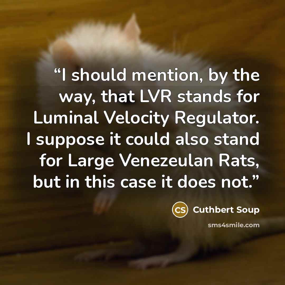 “I should mention, by the way, that LVR stands for Luminal Velocity Regulator. I suppose it could also stand for Large Venezeulan Rats, but in this case it does not.” quote by Cuthbert Soup
