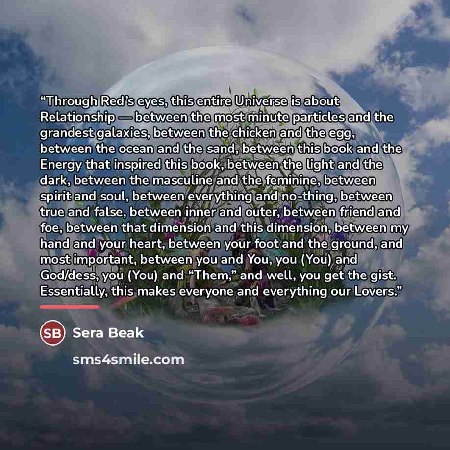 “Through Red’s eyes, this entire Universe is about Relationship — between the most minute particles and the grandest galaxies, between the chicken and the egg, between the ocean and the sand, between this book and the Energy that inspired this book, between the light and the dark, between the…” quote by Sera Beak