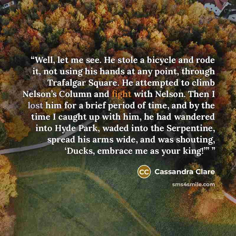 “Well, let me see. He stole a bicycle and rode it, not using his hands at any point, through Trafalgar Square. He attempted to climb Nelson’s Column and fight with Nelson. Then I lost him for a brief period of time, and by the time I caught up with him, he had wandered into Hyde Park, waded into…” quote by Cassandra Clare