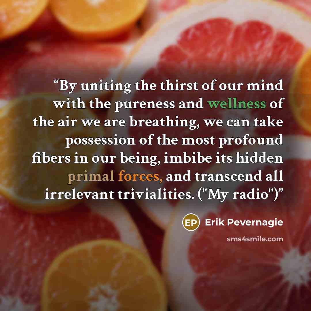“By uniting the thirst of our mind with the pureness and wellness of the air we are breathing, we can take possession of the most profound fibers in our being, imbibe its hidden primal forces, and transcend all irrelevant trivialities. ("My radio")” quote by Erik Pevernagie