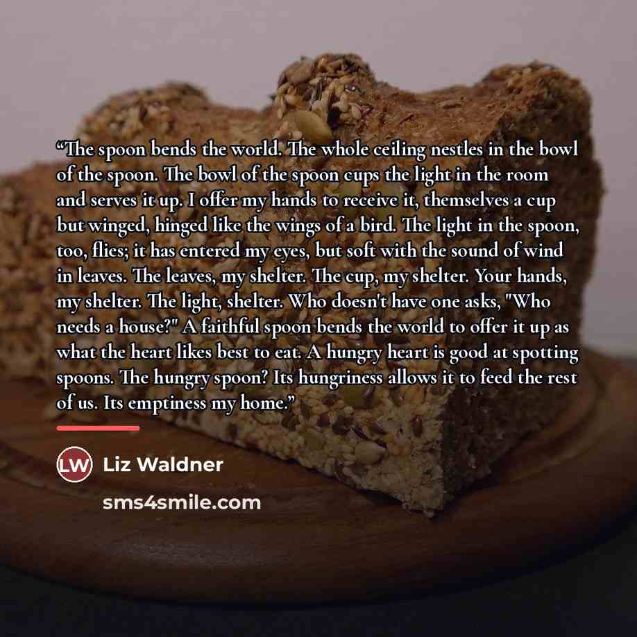 “The spoon bends the world. The whole ceiling nestles in the bowl of the spoon. The bowl of the spoon cups the light in the room and serves it up. I offer my hands to receive it, themselves a cup but winged, hinged like the wings of a bird. The light in the spoon, too, flies; it has entered my…” quote by Liz Waldner