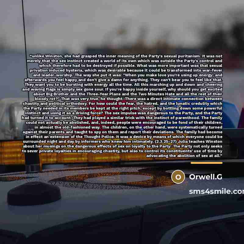 “unlike Winston, she had grasped the inner meaning of the Party's sexual puritanism. It was not merely that the sex instinct created a world of its own which was outside the Party's control and which therefore had to be destroyed if possible. What was more important was that sexual privation…” quote by Orwell.G