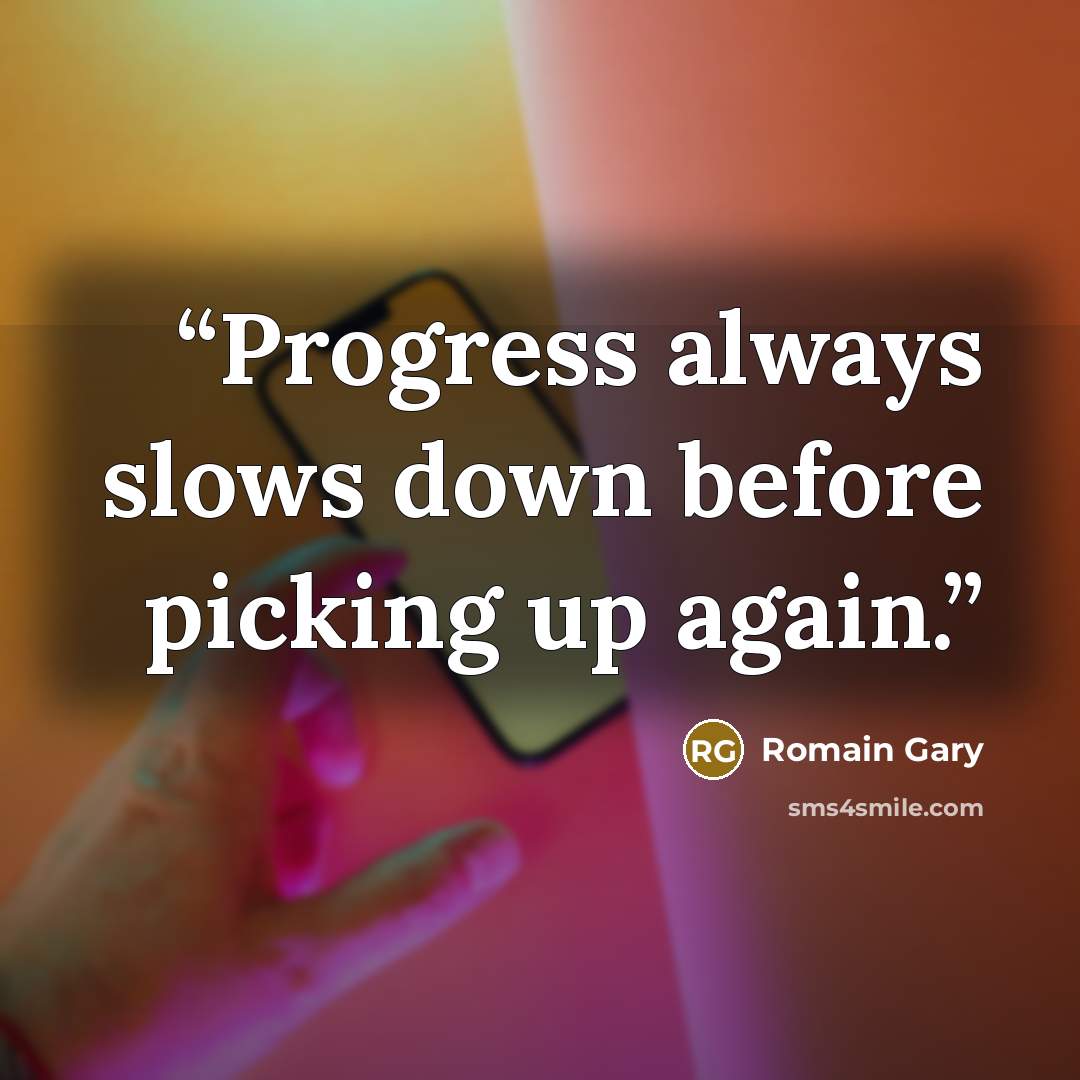 “Progress always slows down before picking up again.” quote by Romain Gary