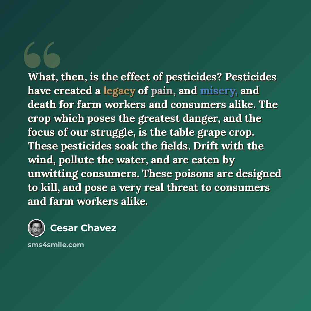 “What, then, is the effect of pesticides? Pesticides have created a legacy of pain, and misery, and death for farm workers and consumers alike. The crop which poses the greatest danger, and the focus of our struggle, is the table grape crop. These pesticides soak the fields. Drift with the wind…” quote by Cesar Chavez