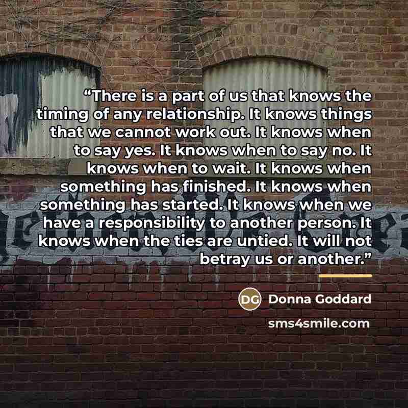 “There is a part of us that knows the timing of any relationship. It knows things that we cannot work out. It knows when to say yes. It knows when to say no. It knows when to wait. It knows when something has finished. It knows when something has started. It knows when we have a responsibility to…” quote by Donna Goddard