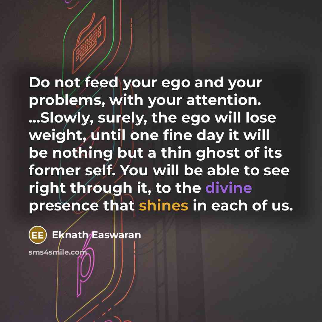 “Do not feed your ego and your problems, with your attention. ...Slowly, surely, the ego will lose weight, until one fine day it will be nothing but a thin ghost of its former self. You will be able to see right through it, to the divine presence that shines in each of us.” quote by Eknath Easwaran