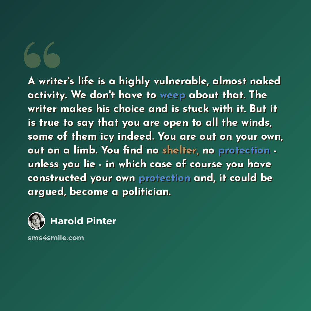 “A writer's life is a highly vulnerable, almost naked activity. We don't have to weep about that. The writer makes his choice and is stuck with it. But it is true to say that you are open to all the winds, some of them icy indeed. You are out on your own, out on a limb. You find no shelter, no…” quote by Harold Pinter