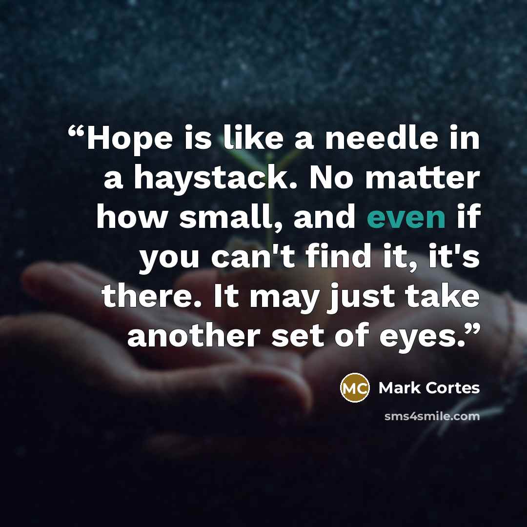 “Hope is like a needle in a haystack. No matter how small, and even if you can't find it, it's there. It may just take another set of eyes.” quote by Mark Cortes