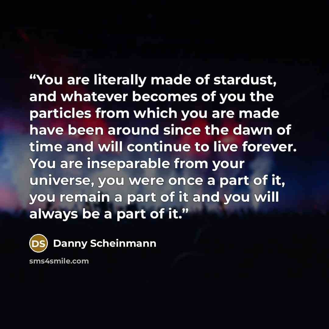 “You are literally made of stardust, and whatever becomes of you the particles from which you are made have been around since the dawn of time and will continue to live forever. You are inseparable from your universe, you were once a part of it, you remain a part of it and you will always be a part…” quote by Danny Scheinmann