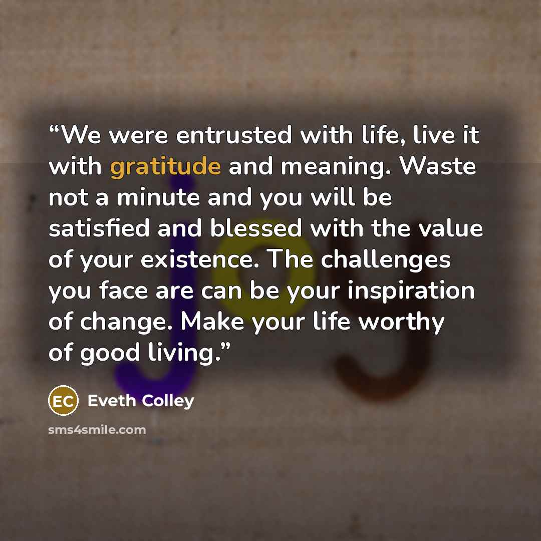 “We were entrusted with life, live it with gratitude and meaning. Waste not a minute and you will be satisfied and blessed with the value of your existence. The challenges you face are can be your inspiration of change. Make your life worthy of good living.” quote by Eveth Colley