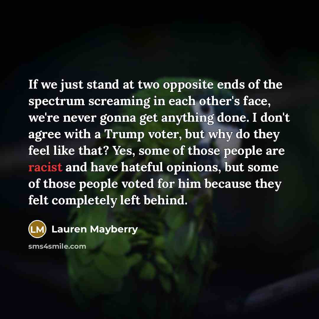 “If we just stand at two opposite ends of the spectrum screaming in each other's face, we're never gonna get anything done. I don't agree with a Trump voter, but why do they feel like that? Yes, some of those people are racist and have hateful opinions, but some of those people voted for him…” quote by Lauren Mayberry