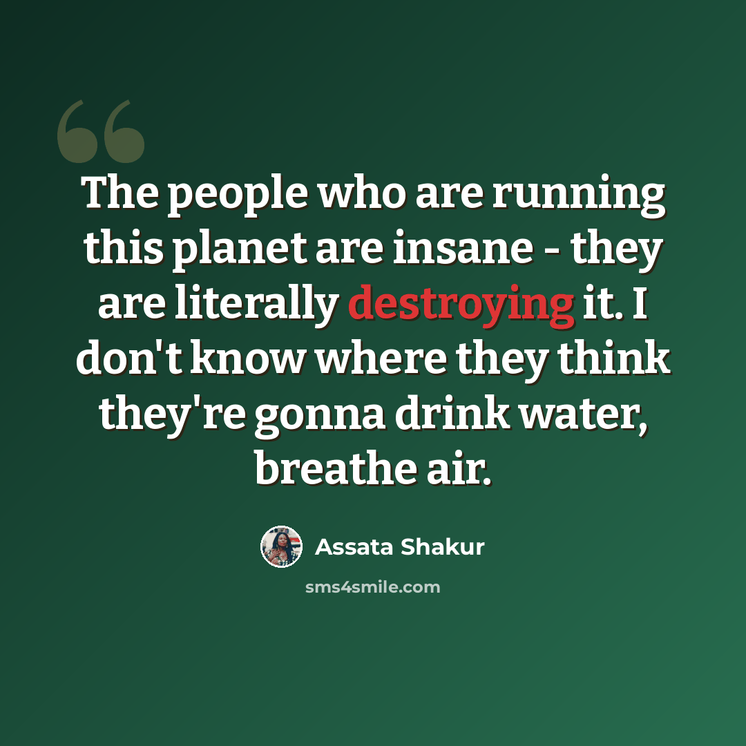 “The people who are running this planet are insane - they are literally destroying it. I don't know where they think they're gonna drink water, breathe air.” quote by Assata Shakur