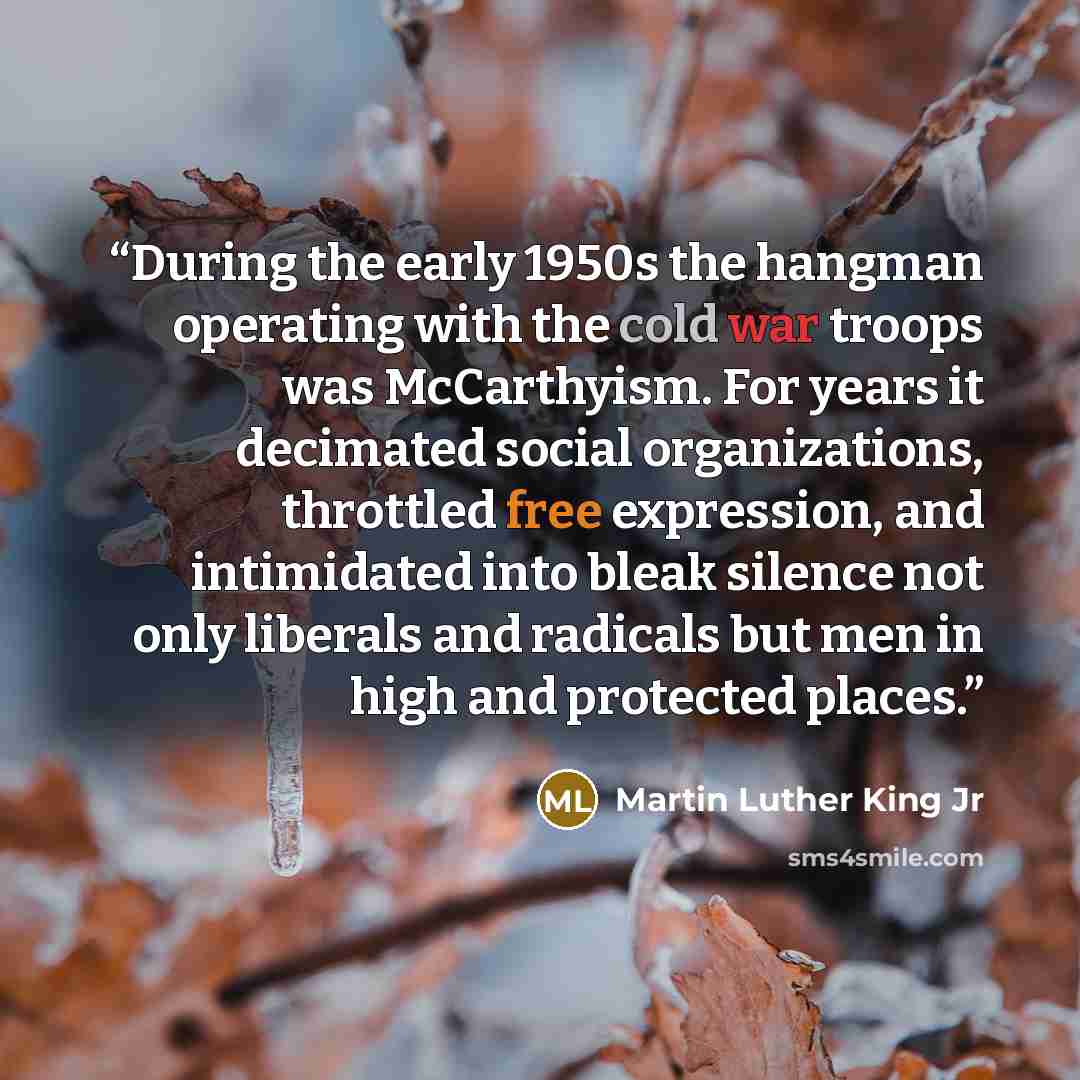“During the early 1950s the hangman operating with the cold war troops was McCarthyism. For years it decimated social organizations, throttled free expression, and intimidated into bleak silence not only liberals and radicals but men in high and protected places.” quote by Martin Luther King Jr