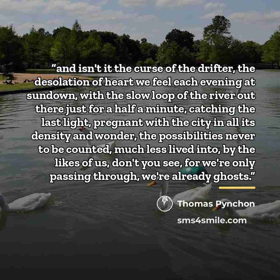 “and isn't it the curse of the drifter, the desolation of heart we feel each evening at sundown, with the slow loop of the river out there just for a half a minute, catching the last light, pregnant with the city in all its density and wonder, the possibilities never to be counted, much less lived…” quote by Thomas Pynchon