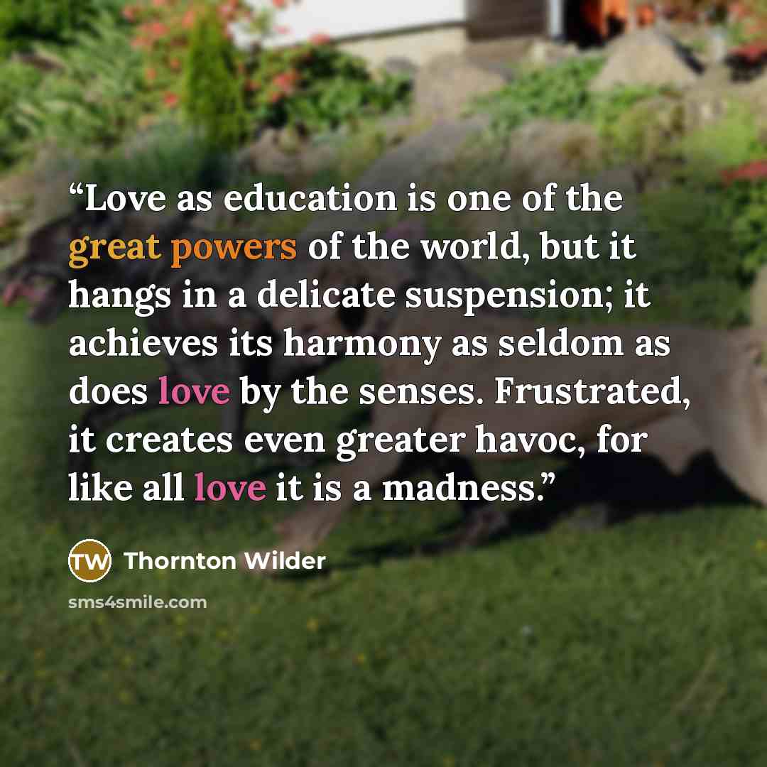 “Love as education is one of the great powers of the world, but it hangs in a delicate suspension; it achieves its harmony as seldom as does love by the senses. Frustrated, it creates even greater havoc, for like all love it is a madness.” quote by Thornton Wilder