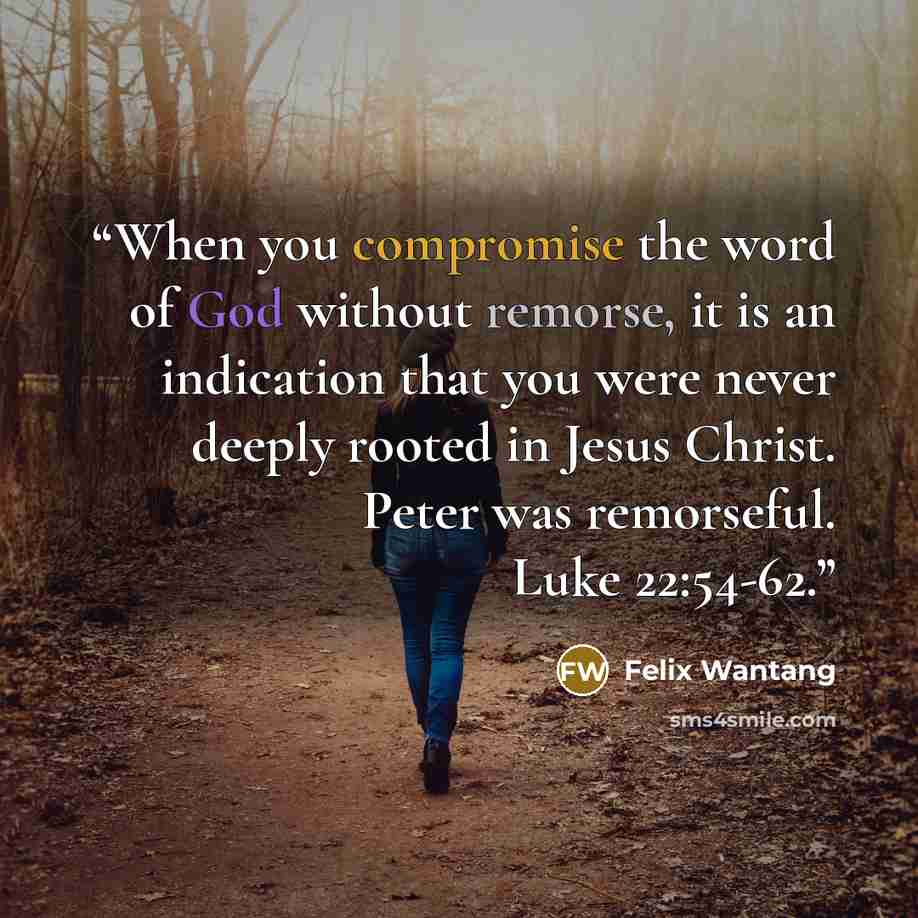 “When you compromise the word of God without remorse, it is an indication that you were never deeply rooted in Jesus Christ. Peter was remorseful. Luke 22:54-62.” quote by Felix Wantang