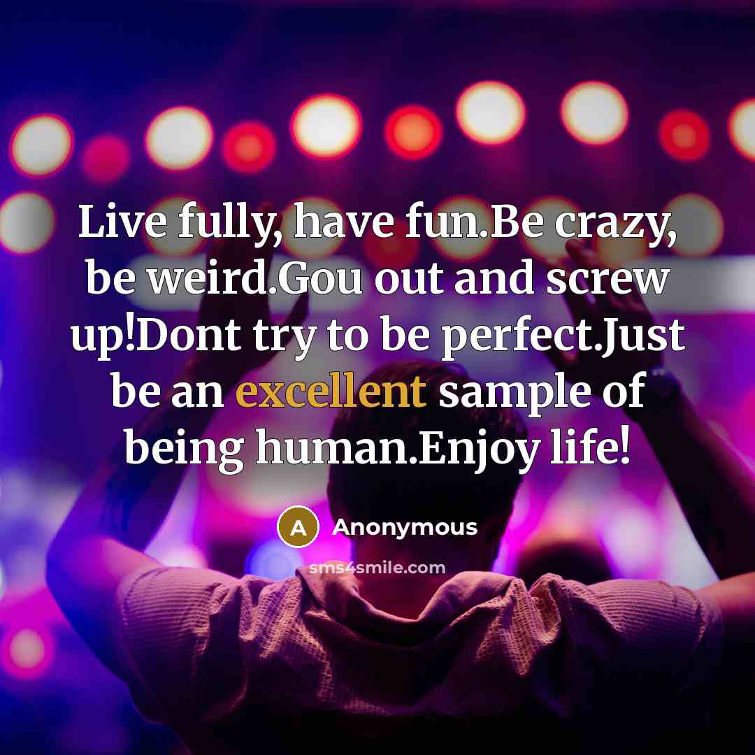 “Live fully, have fun.Be crazy, be weird.Gou out and screw up!Dont try to be perfect.Just be an excellent sample of being human.Enjoy life!” quote by Anonymous
