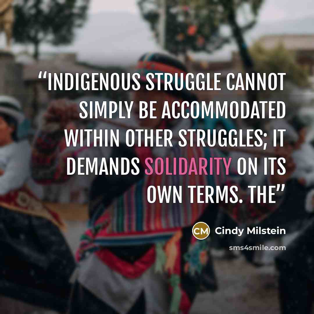 “Indigenous struggle cannot simply be accommodated within other struggles; it demands solidarity on its own terms. The” quote by Cindy Milstein